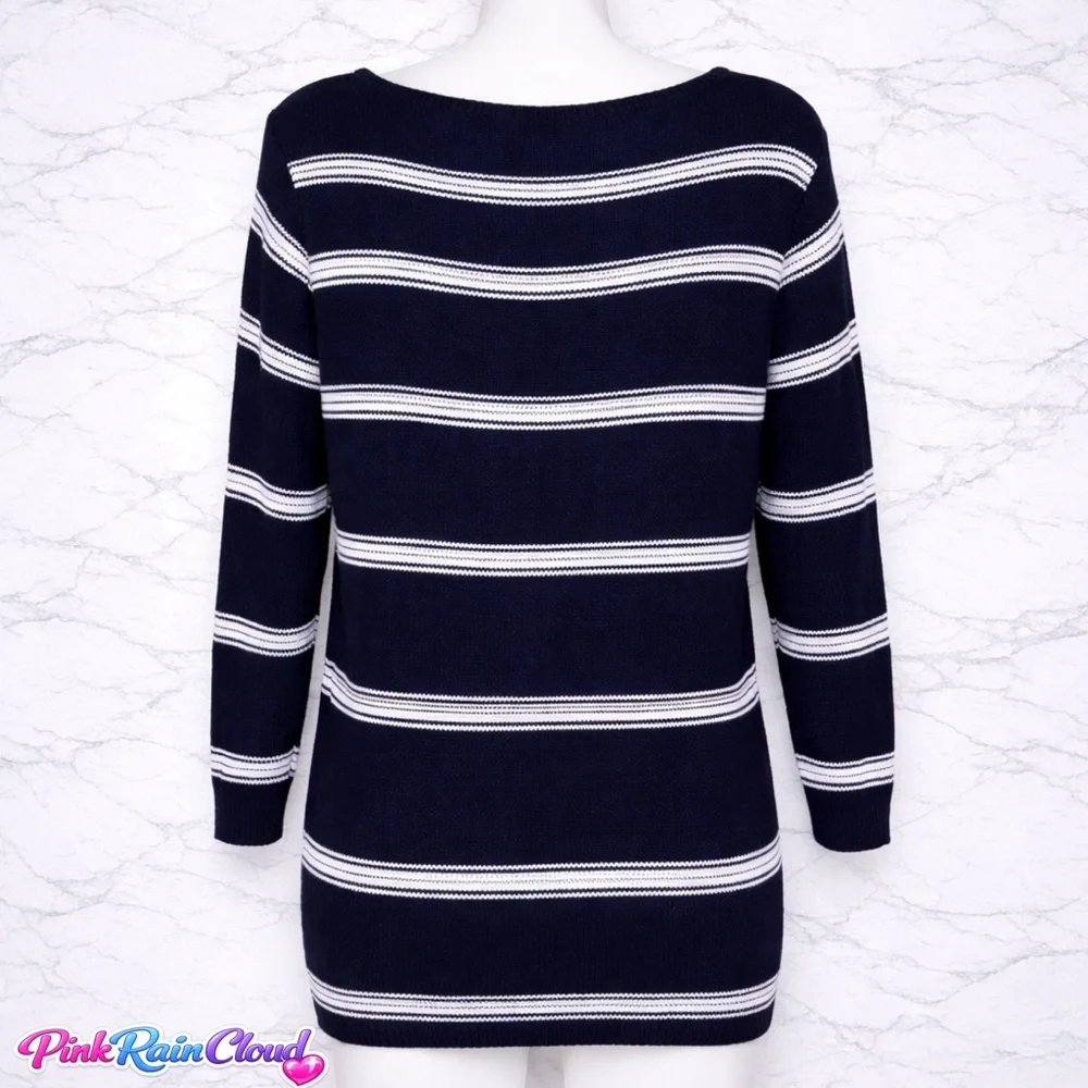 G.H. Bass Navy Blue White Stripe Cotton Sweater Nautical Women’s Large
